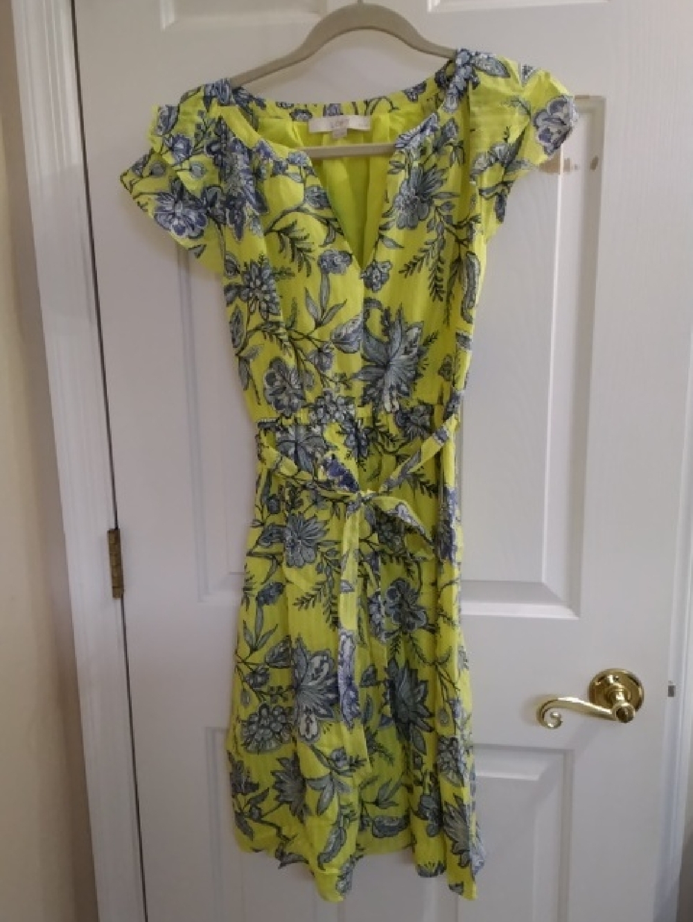 LOFT Yellow Floral Wrap Midi Dress with Blue Floral Print
